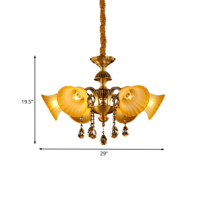6 Bulbs Hanging Light Fixture Mid Century Bell Yellow Glass Chandelier Lamp in Brass