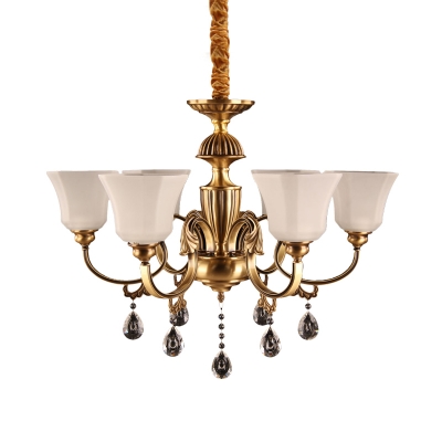 6 Heads Square Bell Up Chandelier Postmodern Brass Cream Glass Hanging Light Fixture