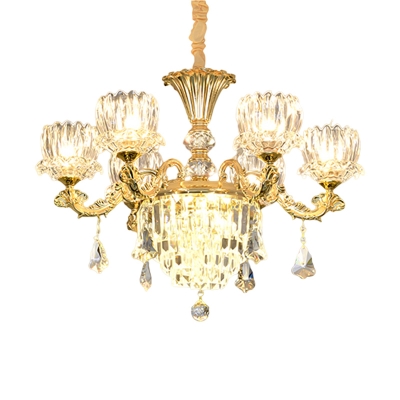 6 Lights Ceiling Chandelier Modern Bedroom Pendant Lamp with Flowerbud Crystal Shade in Gold