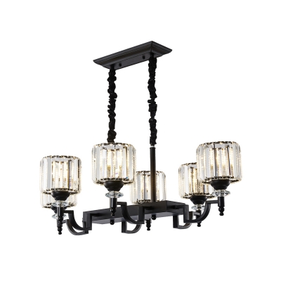 6 Lights Island Pendant Modern Dining Hall Hanging Lamp with Cylinder Crystal Shade in Black