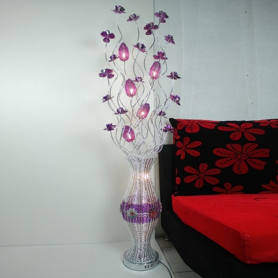 Art Deco Floret and Vase Floor Lighting Aluminum Wire LED Floor Standing Lamp in Purple