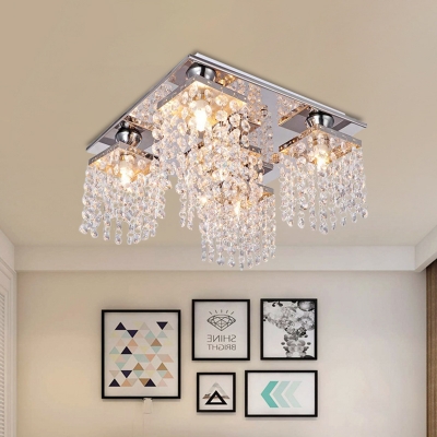 Beaded Clear Crystal Flushmount Light with Square Design Modern 4-Light Chrome Finish LED Flush Lamp Fixture