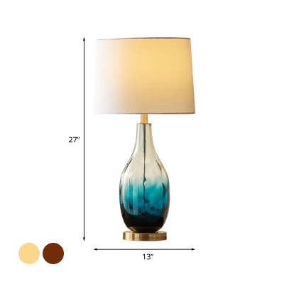 Beige/Brown 1-Bulb Table Lighting Traditional Fabric Drum Shade Nightstand Lamp with Bottle Blue Glass Base