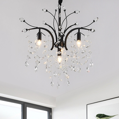 Black Branching Chandelier Modern Crystal Bead 4 Bulbs Dining Room Ceiling Pendant Lamp