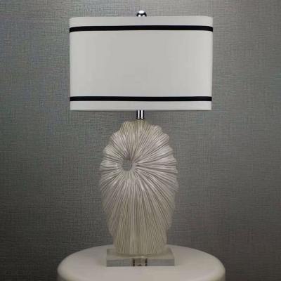 Black-White Rectangle Table Lamp Coastal Fabric 1 Bulb Living Room Night Light with Shell Pedestal