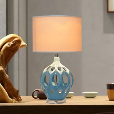 Blue Single Bulb Nightstand Light Traditional Ceramics Hollow-Out Can Night Table Lamp