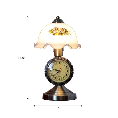 Brass Single Table Light with Clock Decor Vintage Printed Glass Scalloped Dome Reading Book Lamp