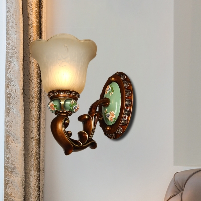 Brown Finish Single Wall Lighting Idea Traditional Cream Glass Flower Shade Up Wall Lamp