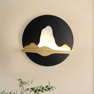 Chinese Mountain Patterned LED Mural Lamp Iron Living Room Flush Mount Wall Sconce in Black and Gold