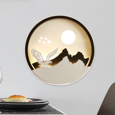 Circle Bedside Wall Light Fixture Iron Modern Style LED Wall Mural Lamp with Eagle-Sunset Silhouette in Black-White