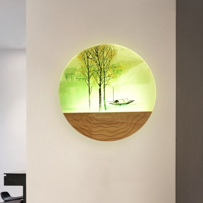 Circular Wall Mural Lamp Asian Style Acrylic LED Wood Wall Sconce Lighting with Tree and River Pattern, 9.5