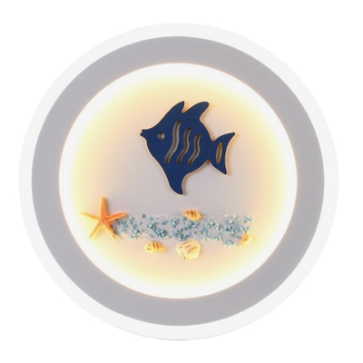 Coastal Fish and Star Acrylic Flush Mount LED Circle Wall Mural Light in White for Kids Room