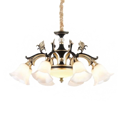 Cream Glass Floral Down Lighting Traditional 6/8-Head Living Room Chandelier Lamp in Black and Gold