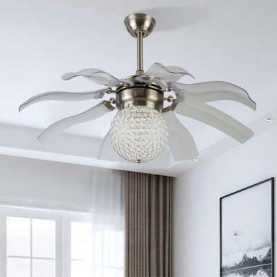 Crystal Encrusted Globe Fan Light Fixture Modernist LED Silver Semi Flush Lamp with 8 Grey Blades, 42