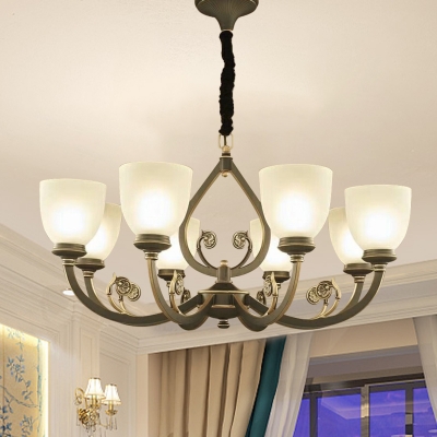 Cup Shade Frosted Glass Suspension Light Vintage 6/8-Light Drawing Room Hanging Chandelier in Black