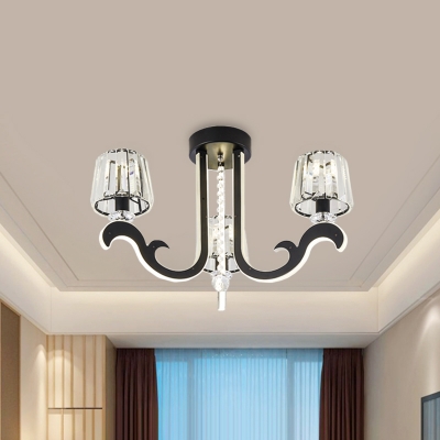 Cylinder Crystal Flush Mount Chandelier Modernism 3 Heads Bedroom Semi Flush Ceiling Light with Black Curved Arm