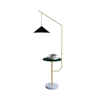 Dangling Cone Shade Iron Floor Lamp Postmodern 1 Bulb Black Standing Light with Table and Extendable Arm