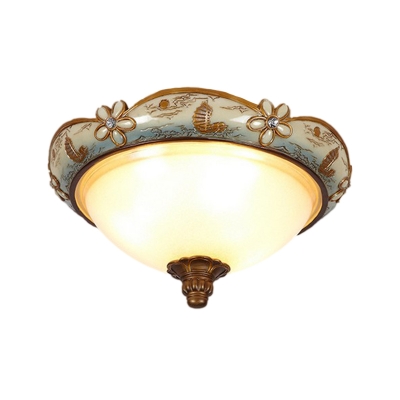 Dome Bedroom Ceiling Flush Mount Country Style Opal Glass Blue and White 1-Light Flush Ceiling Lamp Fixture