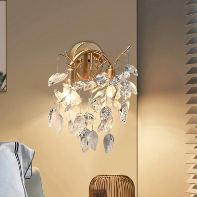 Draping Crystal Leaf Wall Sconce Post-Modern 2 Lights Living Room Wall Mounted Lamp in Gold