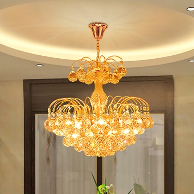 Faceted Crystal Orbs Gold Pendant Tapered 6-Head Antique Chandelier Light for Dining Room
