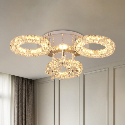 Faceted Cut Crystal Rings Semi Flush Modernism Bedroom LED Ceiling Mount Light in Nickel