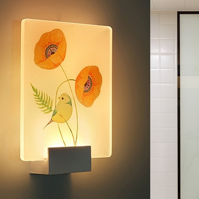 Flower/Bird Painting Bedroom Mural Light Acrylic LED Artistry Wall Sconce Lighting Fixture in White