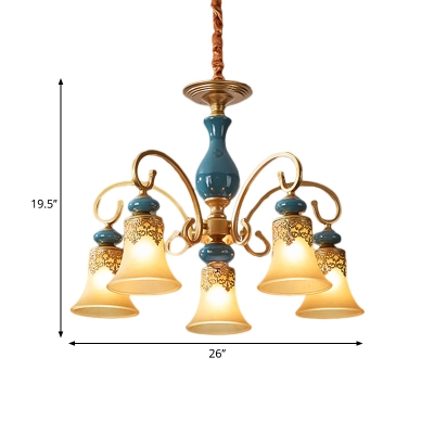 Frosted Glass Bell Shade Drop Pendant Countryside 3/5/6-Light Bedroom Ceramics Ceiling Chandelier