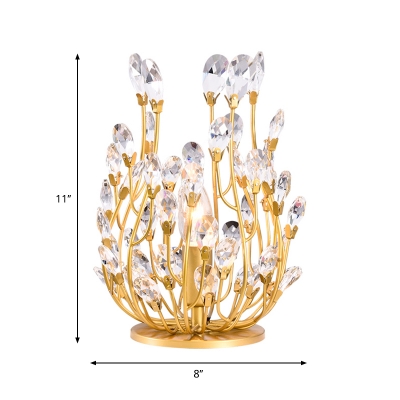 Gold 1-Light Nightstand Lamp Modern Style Faceted Cut Crystal Leaf Table Lighting
