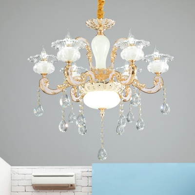Gold 6 Lights Ceiling Chandelier Contemporary Clear Crystal Glass Flower Pendant Lamp Fixture