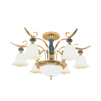 Gold Finish 6-Light Semi Flush Light Fixture Traditional Opal White Glass Floral Shade Down Flushmount