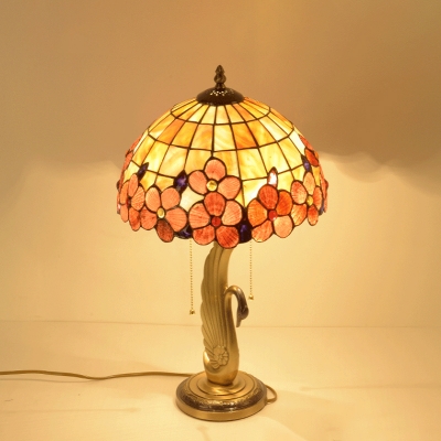 Gold Swan Pull-Chain Nightstand Lamp Tiffany 2 Bulbs Metal Table Light with Floral Stained Glass Shade