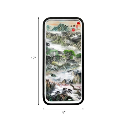 Green Mountain Drawing Wall Mural Light Chinese Style Metal LED Sconce Lighting Fixture with Black Frame