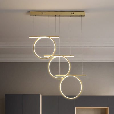 Hoop and Line Pendulum Light Simplicity Metal 3-Light Dining Room LED Ceiling Hang Fixture in Gold