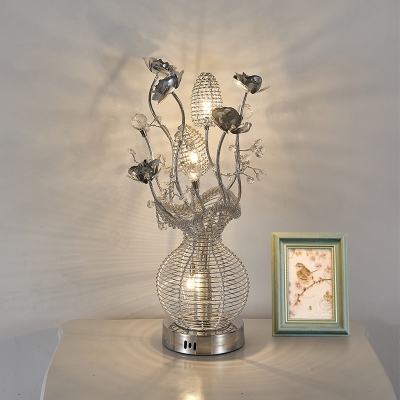 Lotus Bedside Night Table Light Art Deco Metal Wire LED Silver Vase Nightstand Lamp