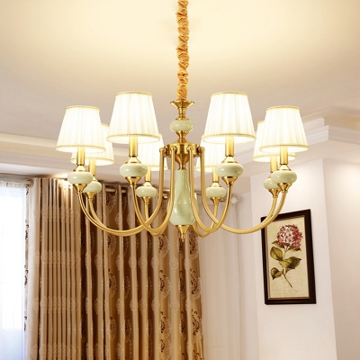 Metal Curved Arm Chandelier Light Traditionalist 8 Lights Living Room Pendant Lamp with Barrel Plated Fabric Shade in Gold