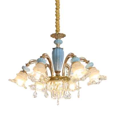 Mid Century Floral Hanging Lighting 6-Bulb Clear Crystal Glass Chandelier Lamp Fixture with Blue Ceramics Deco