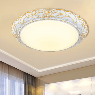 Milky Glass Domed Ceiling Flush Traditional LED Bedroom Flush Mount Fixture in White and Gold, 18.5