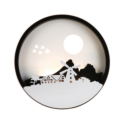 Modernism Circle Wall Lighting Idea Metal LED Indoor Wall Mural Lamp with Windmill and Mountain Pattern in Black