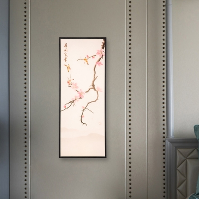 Peach Flower and Bird Mural Light Fixture Asian Iron Black 18