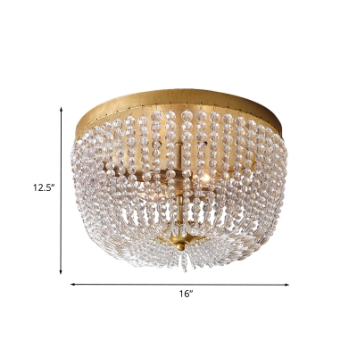 Post Modern Dome Ceiling Mounted Light Crystal Strand 3-Head Bedroom Flush Lamp Fixture in Gold