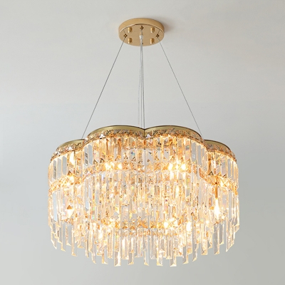 Post Modern Scalloped Suspension Light Faceted Crystal Prisms 6-Light Bedroom Chandelier in Gold
