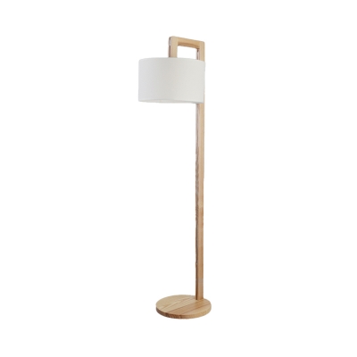 Right Angle Arm Wood Floor Lighting Modernism Single Head Beige Standing Floor Lamp with Drum White Fabric Shade