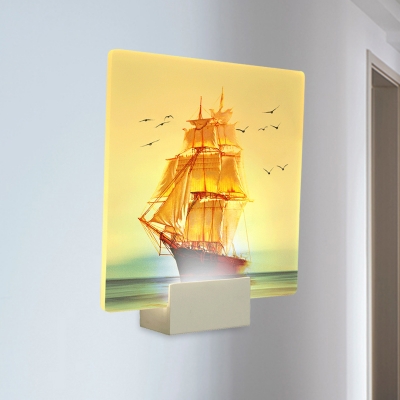 Sailing Ship Acrylic Mural Light Kit Asian Style Acrylic White LED Square Wall Lighting Ideas