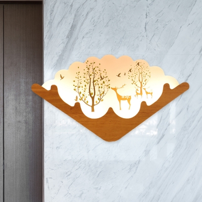 Scalloped Fan Shaped Wall Mount Light Chinese Acrylic Tearoom LED Mural Lamp with Forest Deer Pattern in Wood