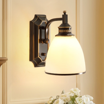 Single-Bulb Bell Wall Lamp Minimalist Black and Gold Milk Glass Sconce for Dining Room