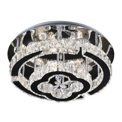 Stainless-Steel Ring and Floral Flushmount Modernist LED Crystal Semi-Flush Ceiling Light