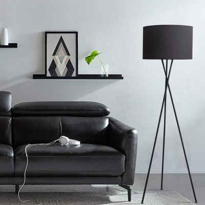 White/Black Drum Shade Floor Standing Lamp Modernism 1-Head Fabric Floor Lamp with Tri-Leg