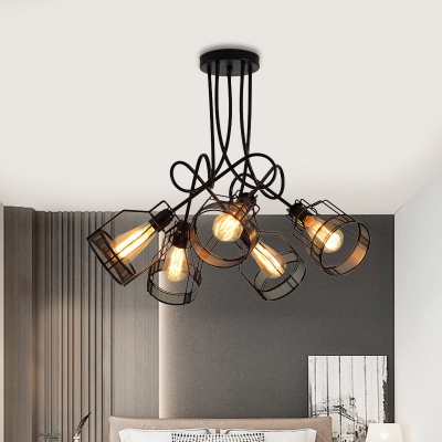Wire Cage Dining Room Semi Flush Lamp Industrial Metallic 5 Heads Black Finish Flushmount with Twisted Arm