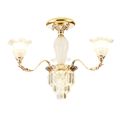 3/6 Heads Crystal Semi Mount Lighting European Style Gold Flower Shade Bedroom Flush Light Fixture