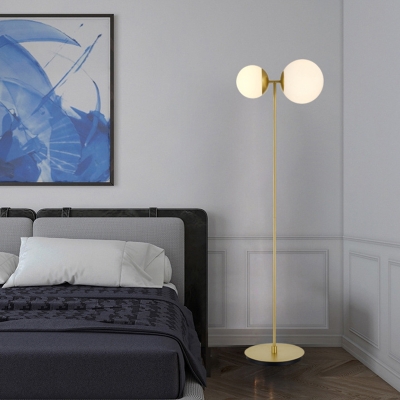 2 Lights Living Room Stand Floor Light Post Modern Gold Finish Floor Lamp with Globe Opal Glass Shade